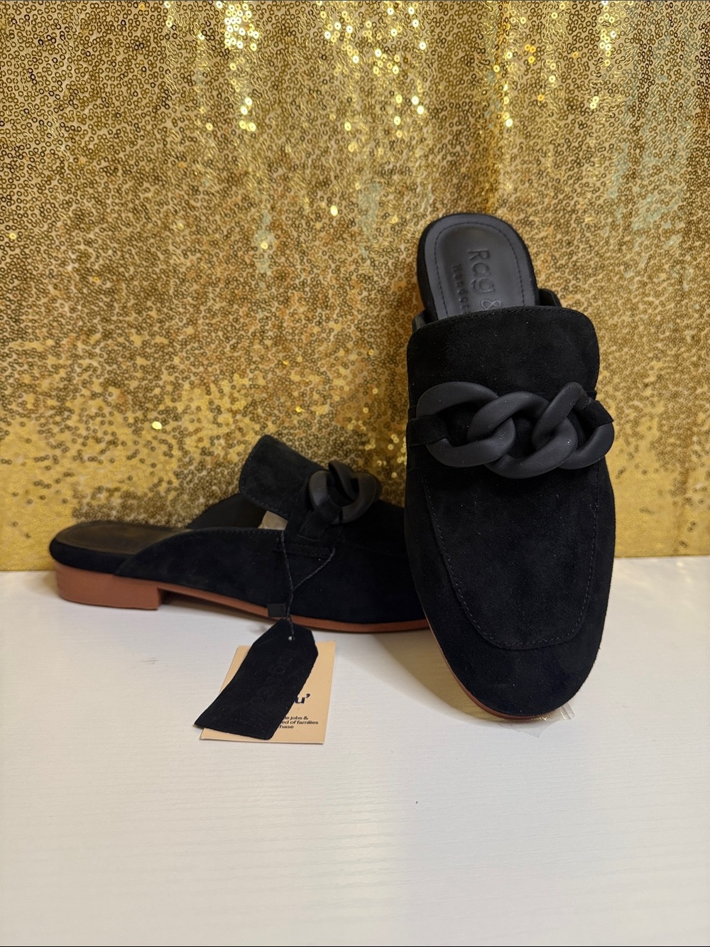 Rag & Co Krizia Chunky Chain Black Suede Slip-On Mule with Matte Chain Accent